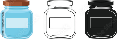 Three jars with different colors and labels on a white background