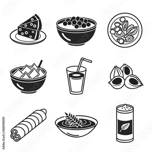 Set of black and white minimalist food icons featuring healthy snacks, dairy, cereal, and organic beverages.
Vector line art collection of breakfast items including yogurt bowl, cheese slices, nuts.