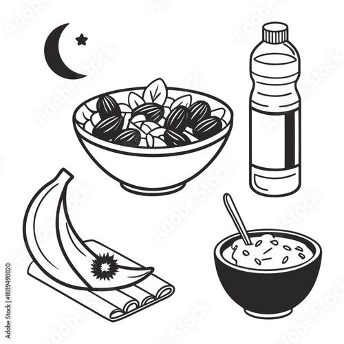 Healthy Suhoor and Iftar Meal Illustration for Ramadan; Line Art Vector of Dates, Water, Fruits, and Porridge for Islamic Fasting Nutrition.