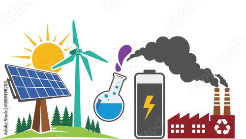 A graphic illustration comparing renewable energy sources with industrial pollution and battery technology