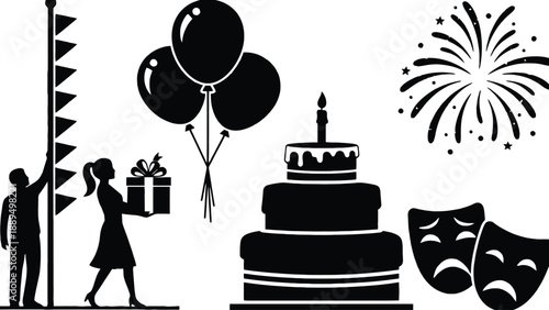 A vibrant illustration celebrating a birthday with colorful decorations and theatrical elements