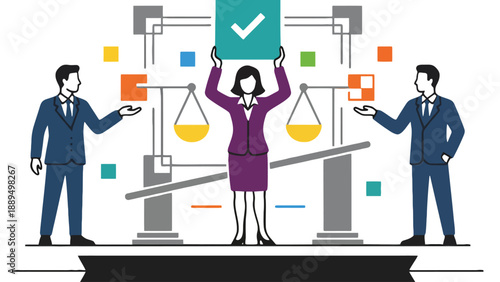 A woman in a purple business suit balancing a checkmark on a scale between two men in blue suits