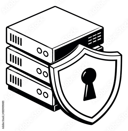 Isometric line art illustration of a server stack and security shield depicting data protection for information technology