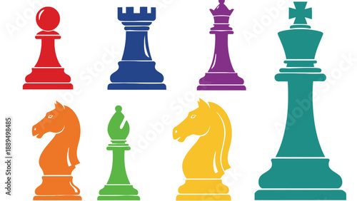 A colorful illustration of chess pieces on a white background for strategy and game concepts