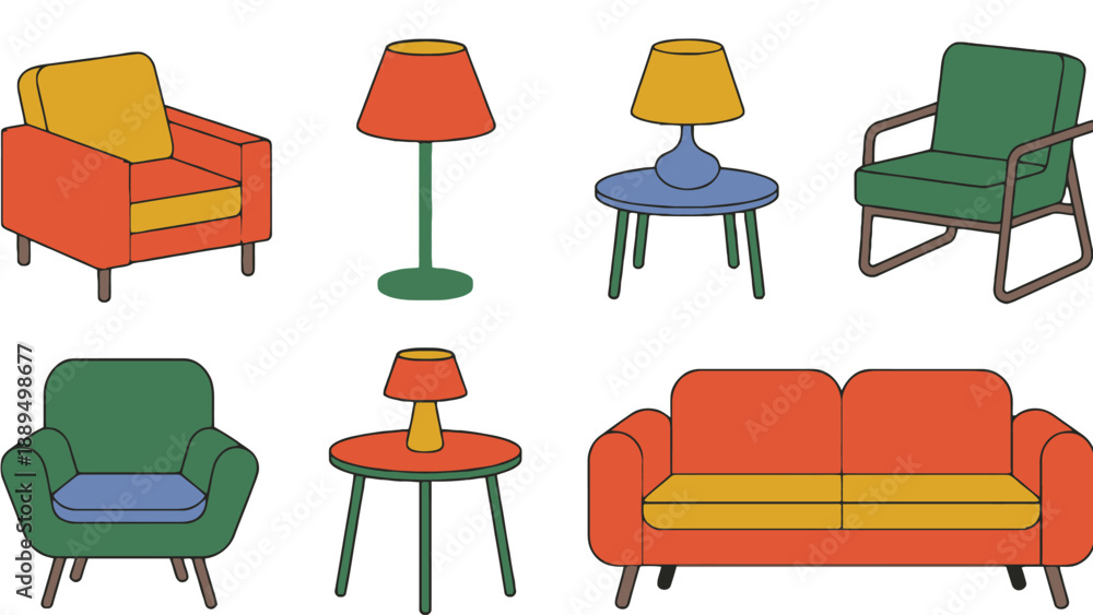 Fototapeta premium A colorful illustration of modern furniture including chairs, sofa, and lamps on a white background