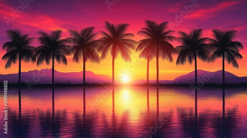 Sunset over calm water with silhouetted palm trees and distant mountains under a vibrant purple and orange sky