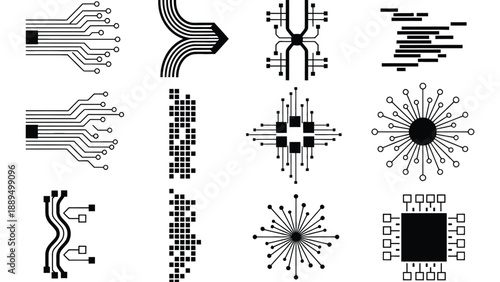 A collection of various black circuit board designs on a white background