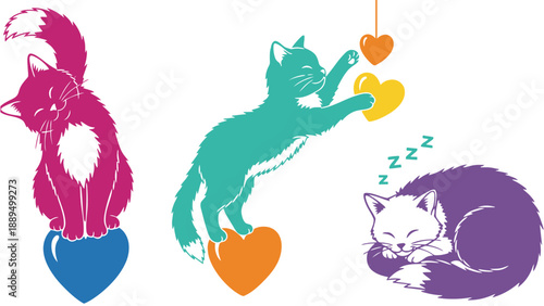 Three colorful cats playing with hearts in a whimsical illustration