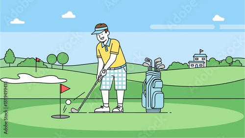 A male golfer in a yellow shirt and plaid shorts putting a golf ball into the hole on a green course with a golf bag and clubhouse in the background.