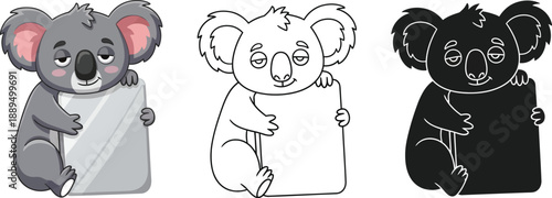 A colorful illustration of three koalas holding blank signs in different styles