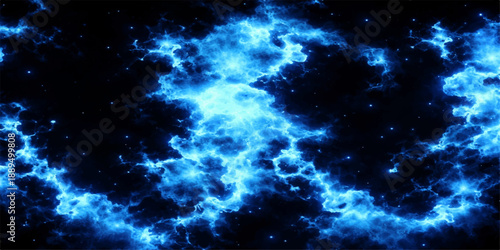 An abstract blue fantasy galaxy background featuring a deep outer space nebula with bright starry clouds and a dark cosmic night sky providing ample light for text