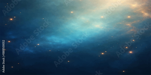 A deep blue night sky filled with stars and clouds illuminates the dark ocean water, creating an abstract heaven of light and space over the calm sea