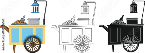 A colorful illustration of a food cart in different design stages