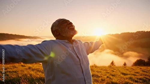Child Enjoying Sunset Outdoors with Open Arms.