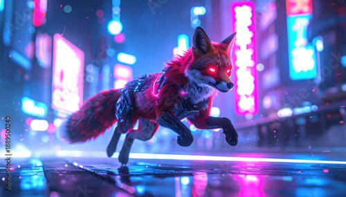 Wallpaper Mural Cyberpunk Fox Running Through Neon City Streets at Night. Torontodigital.ca