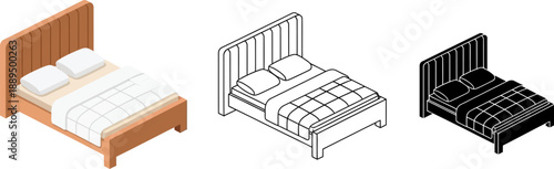 Three different colored beds with headboards and pillows on a white background