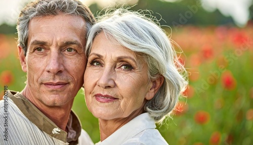 Wallpaper Mural Mature couple embracing in a field of wildflowers, enjoying their golden years. Torontodigital.ca