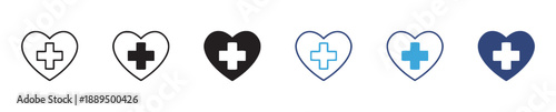 Heart with medical cross icon set in various styles and colors, symbolizing healthcare, love, and wellbeing, vector graphics for medical and wellness themes