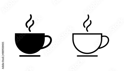 Hot coffee cup icon, representing beverage, warmth, and relaxation, available in solid black and outline styles for various design uses.