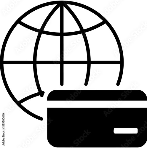 Icon combining a globe and a credit card, symbolizing online shopping, e-commerce, international payments, and global financial transactions through digital platforms