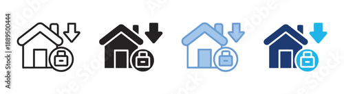 House icon with lock and downward arrow, symbolizing home security, property safety, real estate lockdown, mortgage, rental, and secure housing concept