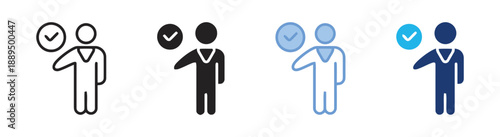 Icon of user confirmation with checklist and approved status, presented in multiple styles and colors for diverse applications and interfaces