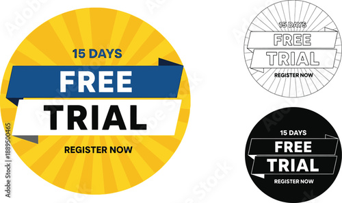Three colorful free trial stickers on a white background