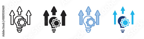 Innovation and growth concept icon with lightbulb and upward arrows showing progress, development and creative ideas in business context