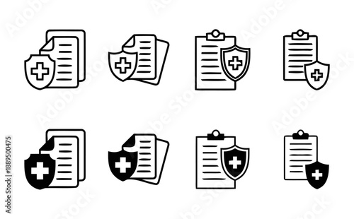 Insurance document icons set collection with shield and cross for health protection policy and security concept on paperwork illustration