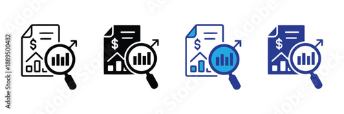 Financial report icons set with magnifying glass, chart, and dollar sign in outline and solid variations, indicating analysis, growth, and financial data for business.