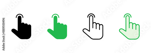 Finger tap icons showing hand gestures for touch screen interaction and clicking action in black green outline and green filled styles for user interface elements