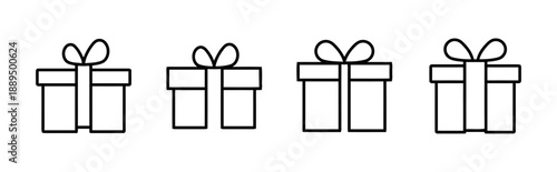 Four gift boxes with ribbons and bows, varying in size and proportion, symbolizing presents celebrations surprises and giving, simple line art vector icons for holidays and events