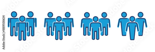 Group of simple stylized human figures in blue with outline effect representing teamwork community people collaboration and social connection with clean vector design on white background