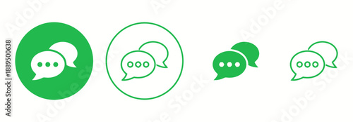 Group of speech bubble icons in green circles and outlines representing chat messaging communication conversation and online dialogue with dots for messages