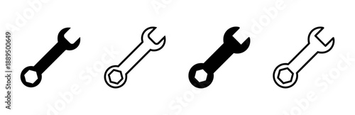 Group of wrench tool icons in different styles, including solid black and outline versions, signifying repair, construction, industry, and mechanical work for diverse design applications