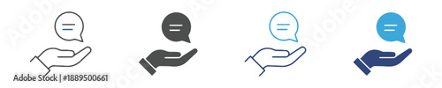 Hand holding a speech bubble with text lines, symbol for communication, support, feedback, and customer service, diverse icon styles for various applications and contexts