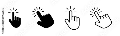Hand cursor icons set showing pointing finger in solid black and outline variations, symbolizing click action, selection, and user interaction on digital interfaces and websites.