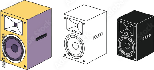 Three different colored speaker boxes on a white background