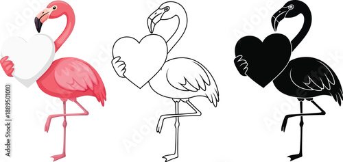 Three flamingos holding hearts in different colors and styles on white background