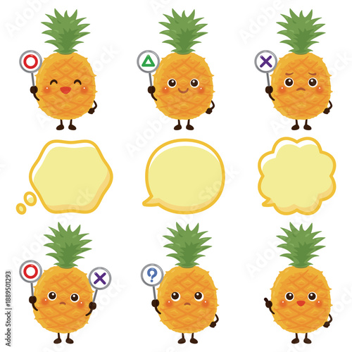 ○×△の札を持ったパイナップルのキャラクターイラスト／Cute Pineapple Character Illustration Holding O, X, and Triangle Signs
