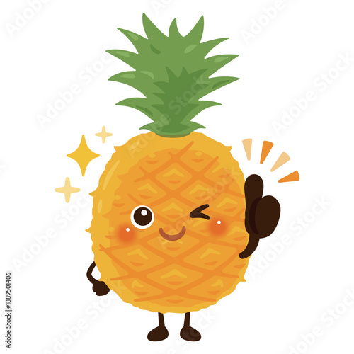 グッドサインを出すパイナップルのキャラクターイラスト／Cute Pineapple Character Illustration Giving a Thumbs-Up