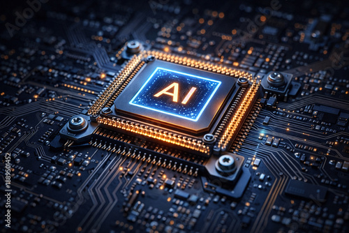 Artificial Intelligence Processor Chip on Motherboard with Glowing Circuit Technology