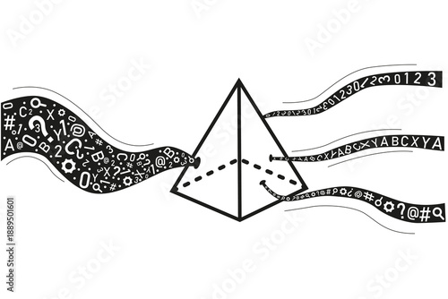 Pyramid surrounded by lines containing various numbers, letters, and symbols. Information flow concept