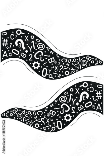 Design in black and white with wave pattern filled with different symbols and letters