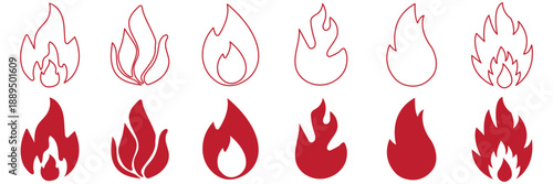 Fire icon collection. Fire flame symbol. Fire flame icon vector design symbol. Set of fire icons. Flame design of different shapes. Vector illustration