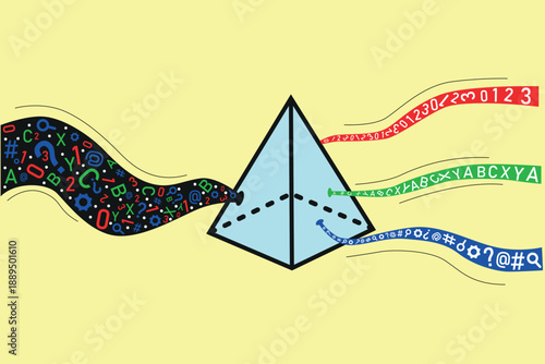 Pyramid standing at center of design. Colorful streams of symbols, numbers, and letters flowing around it from different directions