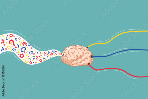 Brain in center with colorful lines connecting to various symbols. Letters, numbers, and shapes flowing from brain