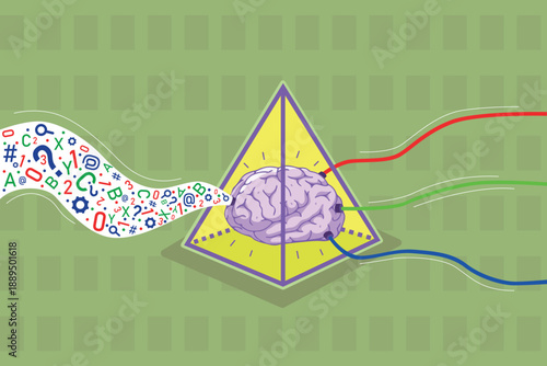 Brain in triangle, with colorful wires connecting to it. One side with colorful symbols and numbers coming out of it