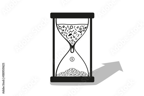 Sand timer with coins at bottom and symbols at top. Time passing with money concept