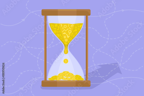 Clear hourglass on purple background. Yellow coins pouring from top half to bottom half. Numbers surrounding hourglass. Connection between time and money concept